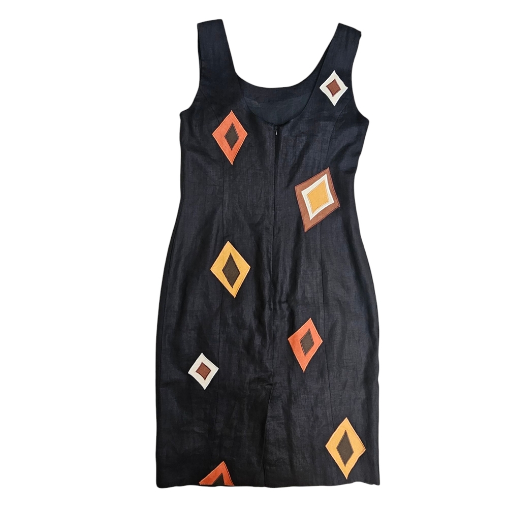 Andrea Jovine Vintage Black Linen Diamond Patch Sleeveless Sheath Dress Size 12 - Picture 2 of 10